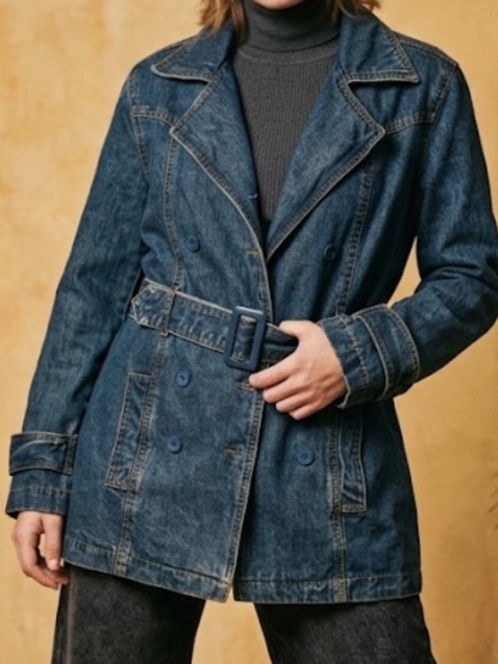 80’ Beware Blue Denim Doble Breasted Belted Jacket Size M